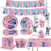 88Pcs pink Stitch Party supplies, including banners, plates, paper cups, tissues, pendant decorations, perfect for Stitch themed birthdays! Featuring cute pink stitching print