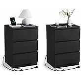 VASAGLE Nightstands with Charging Station, Set of 2, AC Outlets and USB Ports, Bedside Tables, Side Tables with 3 Drawers, Modern Style, 13.8 x 15.7 x 23.2 Inches, Ebony Black ULET731B58