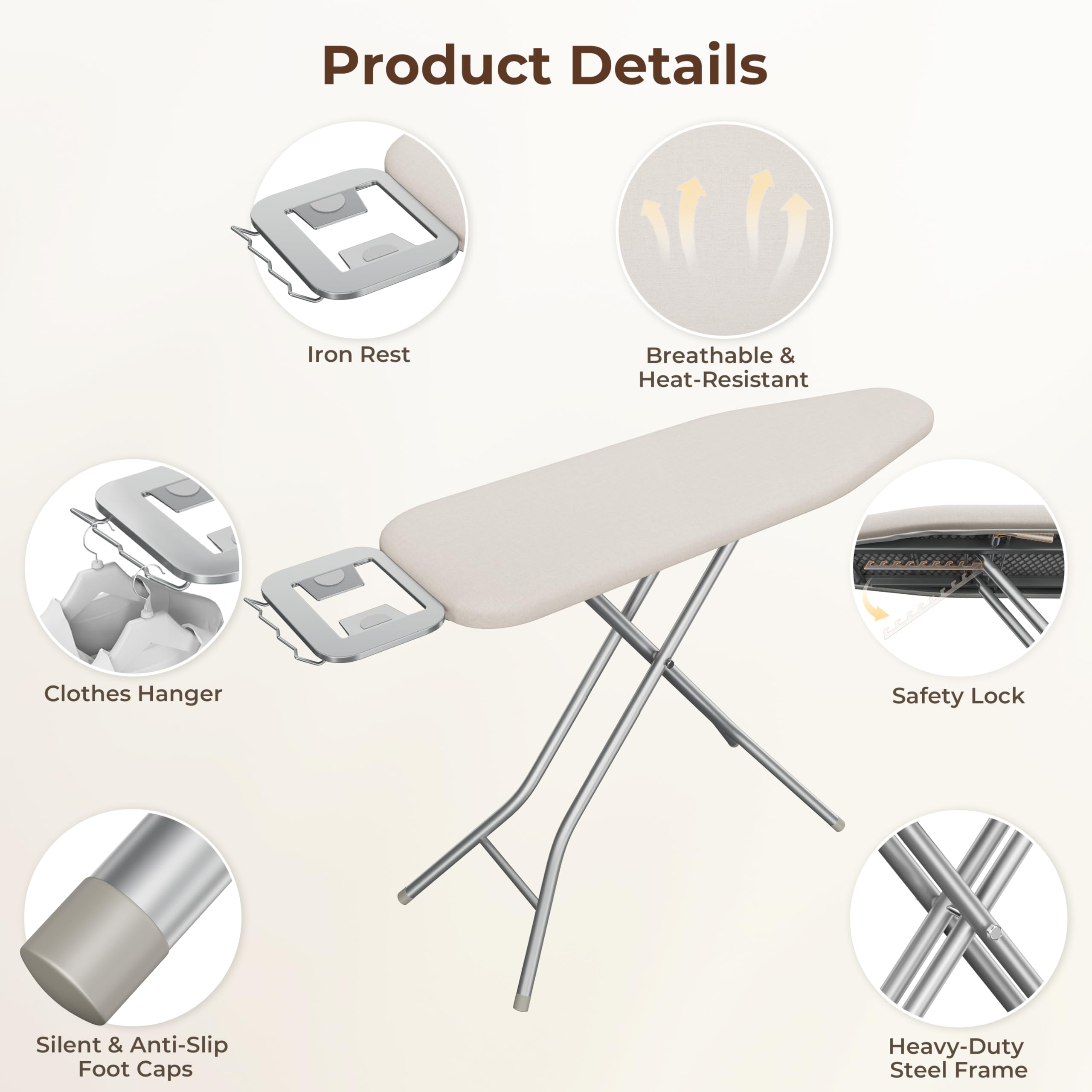 Yaheetech Foldable Ironing Board, Heavy Duty Iron Board with 9 Adjustable Heights, 4 Layer Cover and Safety Iron Rest, 52X14 Compact and Space Save Iron Board for Home Laundry Room Use, Beige