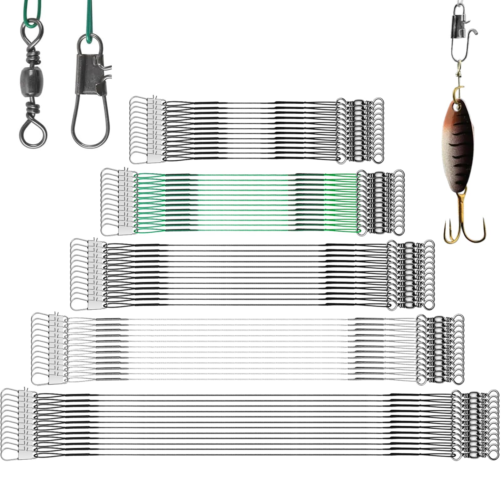 60 Pcs Stainless Steel Wire Traces Pike Fishing, 5 Size 10/15/ 20/25/ 30cm Anti-Bite Fishing Leaders with Swivels Snap, Fish Line Fishing Accessories for Bait Rigs Saltwater Freshwater