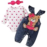 TOKIAGO Baby Girl Clothes Outfits Fall Winter Cute Love Romper Bear Cartoon Overalls Jeans Pants Headband Set 0-18 Months