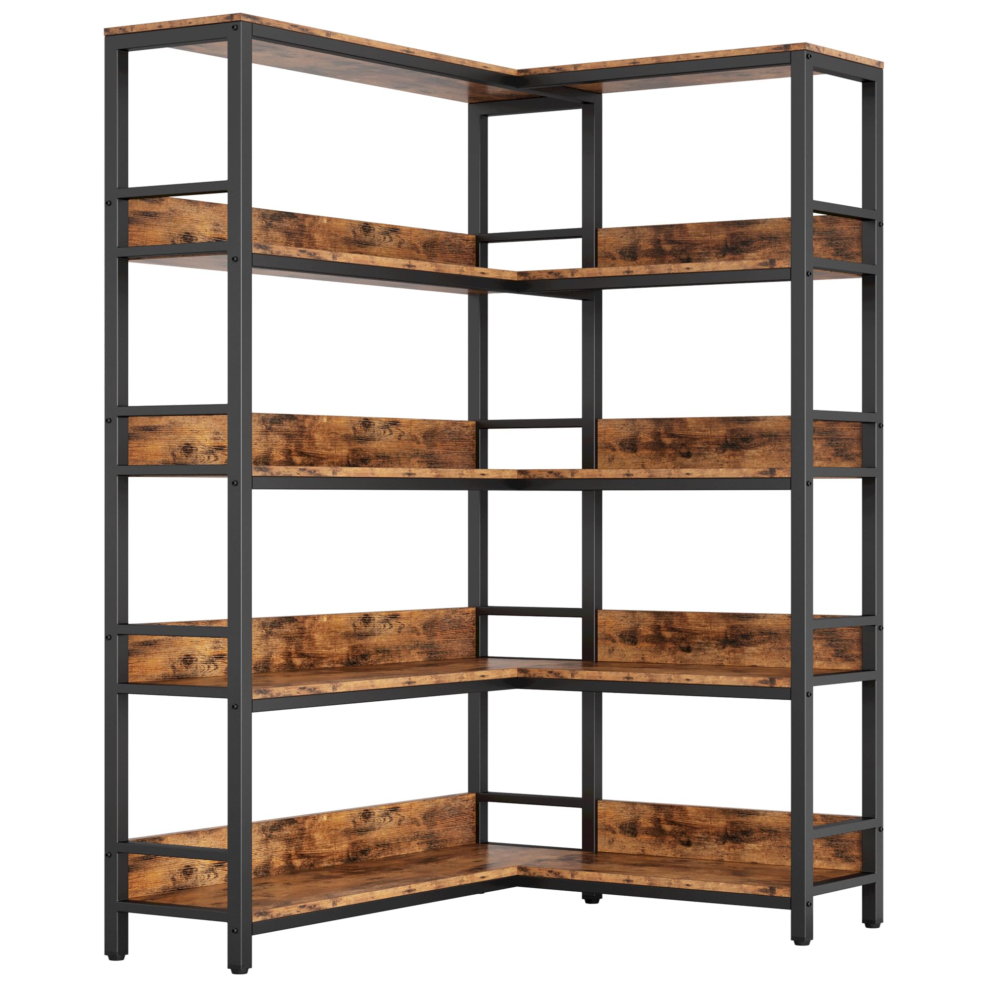 IRONCK Corner Bookshelf 5 Tiers, Industrial Corner Bookcase with Baffles Etagere, L Shaped Bookshelves with Metal Frame, Corner Shelf Storage Rack for Living Room Home Office Image
