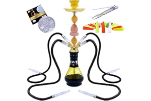 SRKLXYJINT 22'' 4 Hose Hookah Set with Everything Glass Shisha Vase - Include 100 Disposable Tips, 50 Pre-Punched Aluminum Foil (Yellow)