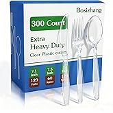 Bosizhang 300 Count Extra Heavy Duty Plastic Silverware, 120 Spoons, 120 Forks, 60 Knives, BPA-Free & Heat Resistant Disposable Plastic Utensils Set, Clear Cutlery Set for Party and Daily Use