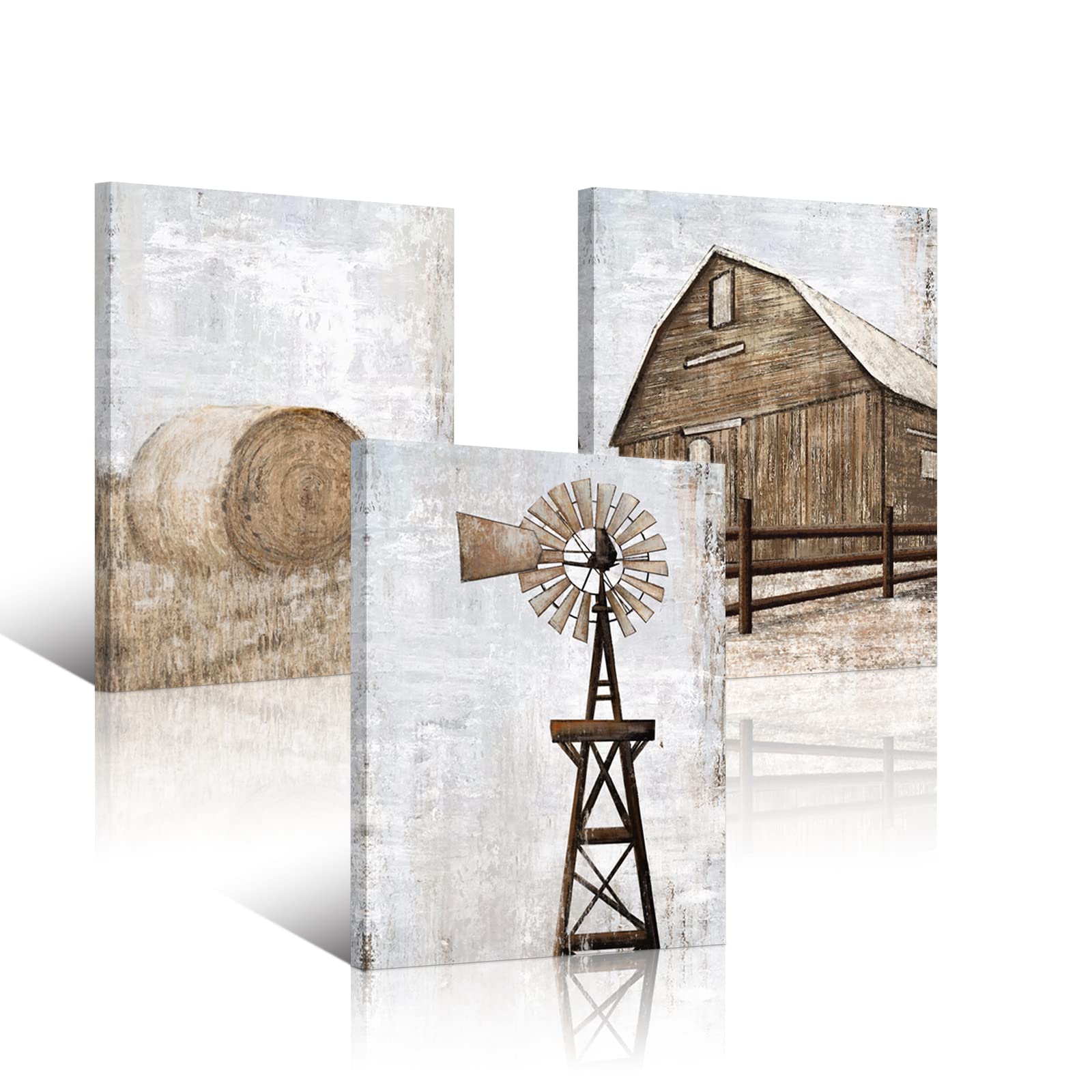 Photo 1 of HOMEOART Farmhouse Wall Art Rustic Barn Windmill Cornfield Pictures Countryside Rural Landscape Painting Canvas Artwork Stretched and Framed Ready to Hang Home Decor 12"x16"x3 Pieces