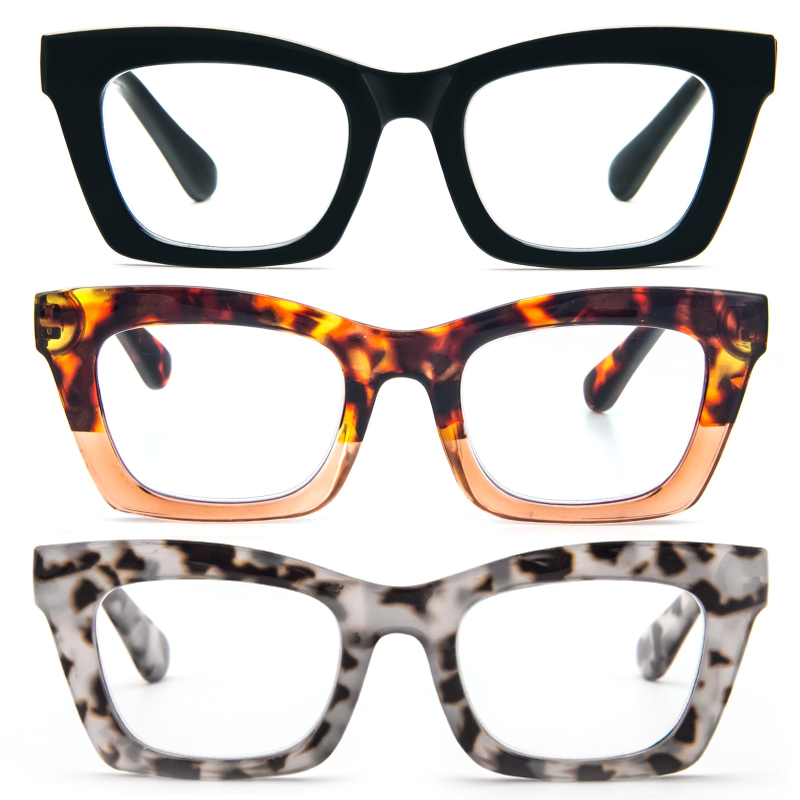 MMOWW 3 Pack Oversized Reading Glasses for Women Square Frame Fashion Style Readers Blue Light Blocking Reading Glasses (Black+Tortoiseshell Tea+Grey Tortoiseshell, 1.0)