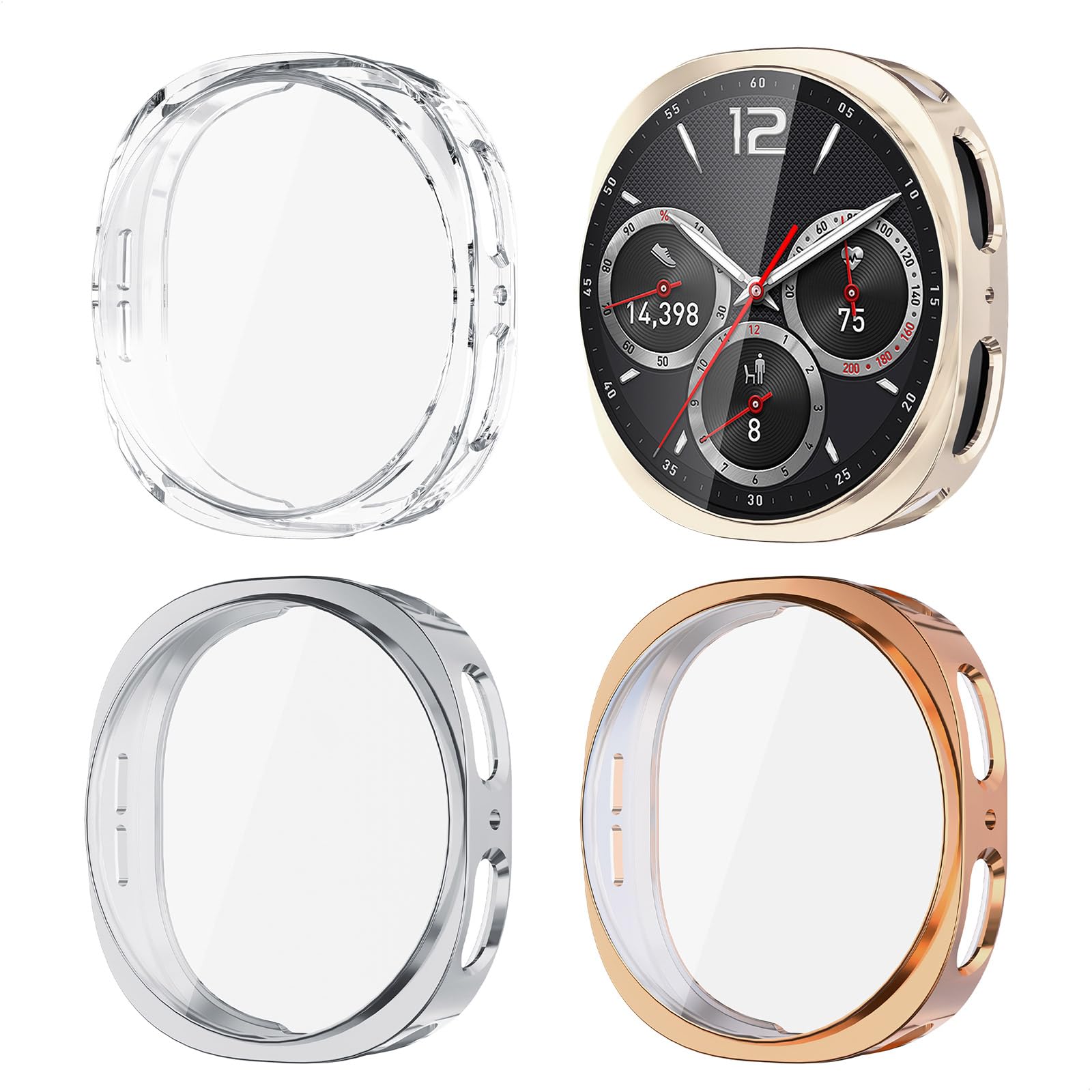Yolovie (4 Pack) Screen Protector Case Compatible for Samsung Galaxy Watch 8 44mm (2025 Verison) Solf Silicone Bumper Full Protective Shell Face Cover (Clear Silver Cream Rosegold)