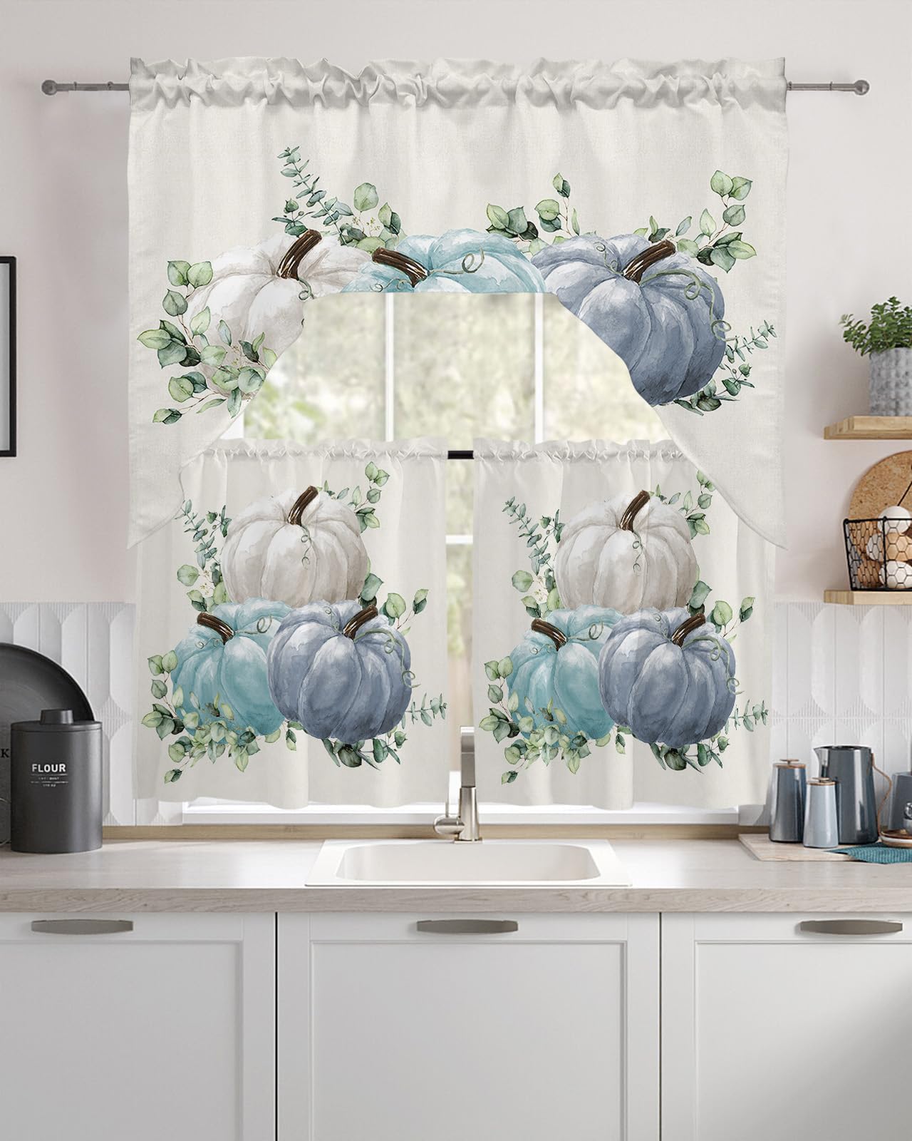 Photo 1 of 3 Pieces Swag Kitchen Curtains & Valances Set, Thanksgiving Watercolor Fall Pumpkins Rod Pocket Short Window Curtain, Blue Grey White Window Treatment Tiers Decor (1 Valance 56"x36",2 Tiers 27.5"x36")