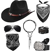 Cowboy Costume Outfit for Men Women Cowboy Hat Accessories Set, Black Western Outfit with Buckle Belt, Bandanas, Sunglasses, Necktie, Mask and Bracelet, Rodeo Halloween Cosplay Party Outfit Kit (7pcs)