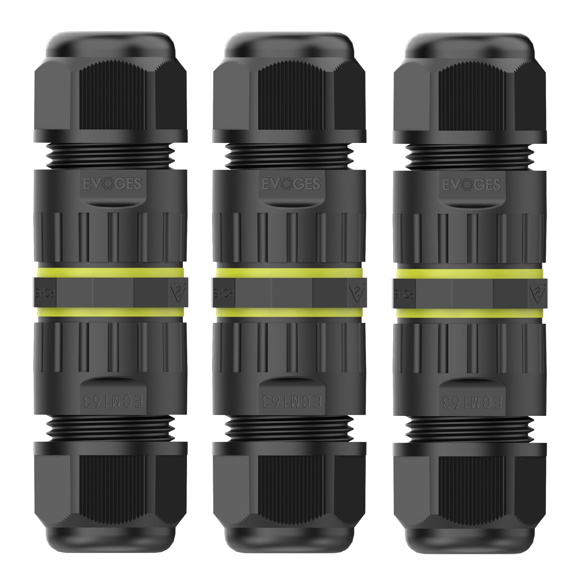 EVOGES IP68 Waterproof Outdoor Inline Cable Connector, 3 Pole, Ø3.5-10mm Cable Diameter, 0.5-1.5mm² Conductor, UKCA, UL, CE, TUV, RoHS Certified (Pack of 3)