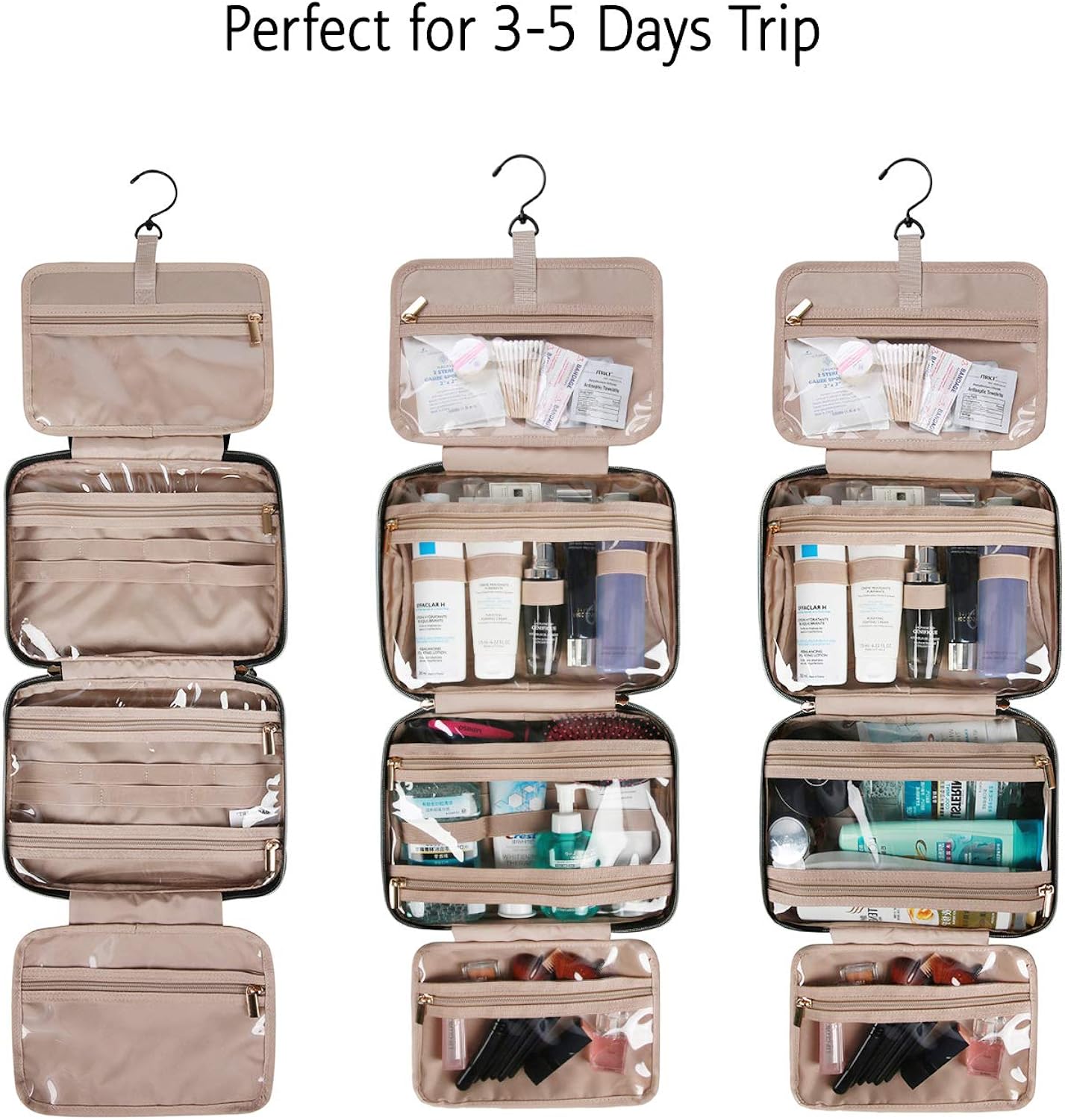 BAGSMART Toiletry Bag Travel Bag with hanging hook, Water-resistant Makeup Cosmetic Bag Travel Organizer for Accessories, Shampoo, Full Sized Container, Toiletries, Black: Clothing
