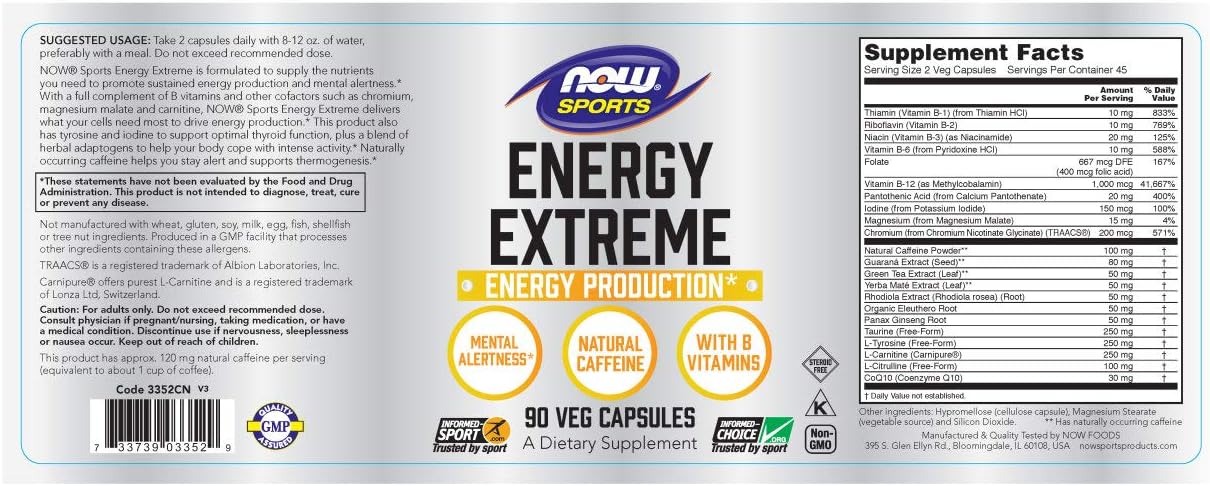 NOW Sports Nutrition, Sports Energy Extreme with B Vitamins and other cofactors such as Chromium, Magnesium Malate and Carnitine, 90 Capsules: Health & Personal Care