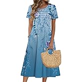 Zeagoo Womens Casual Dresses for Summer Short Sleeve Flare Midi Dress Loose Beach Sundress Pleated Front Dress with Pockets