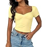 ForeFair Women's Sexy Short Sleeve Going Out Tops Pleated Bustier Shirt Cute Sweetheart Neck Y2K Crop Tee