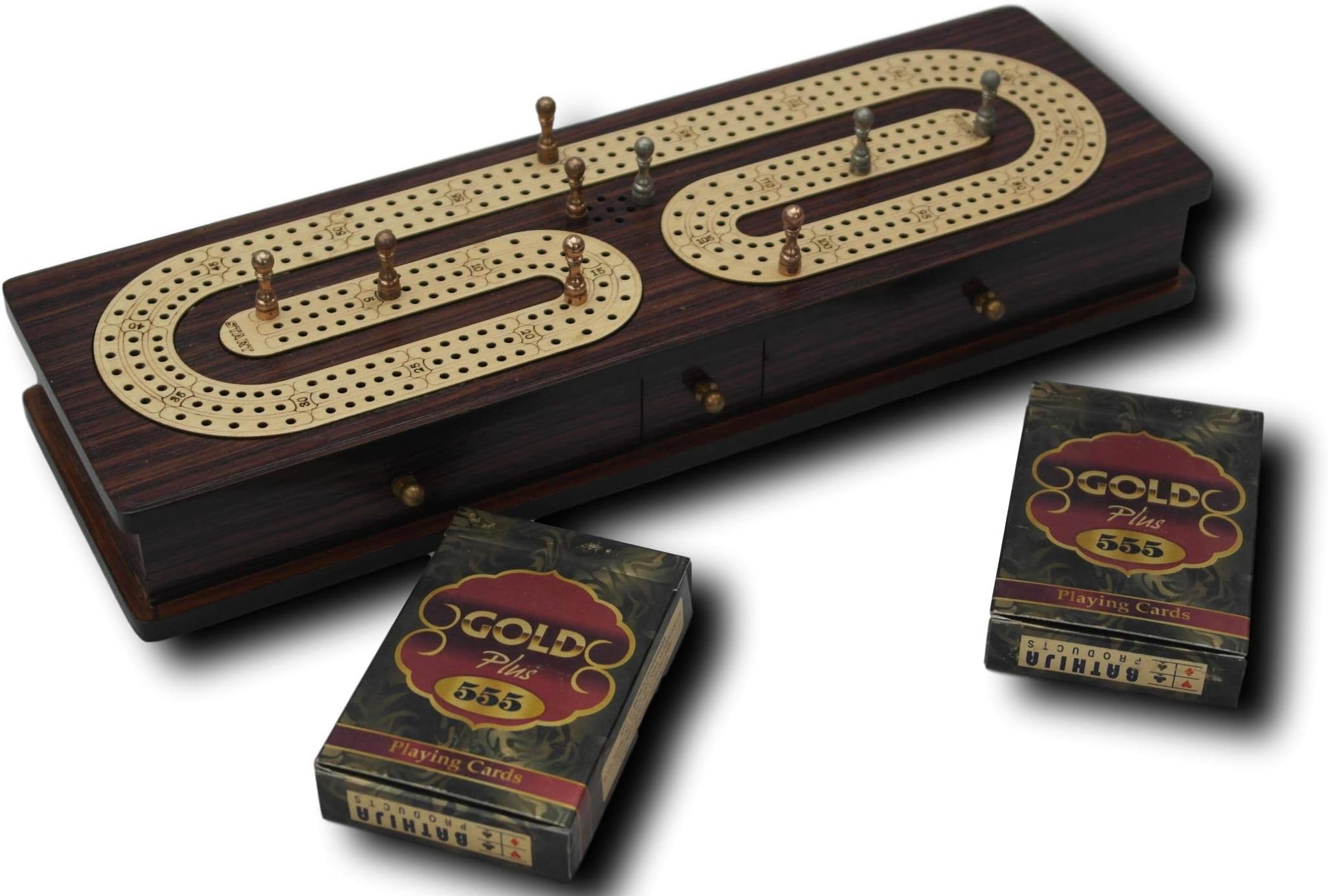 Verma Enterprises 3 Track 'S' Shaped Brown Topped Wooden Cribbage Board with Drawers, 2 Decks and Metal Pegs
