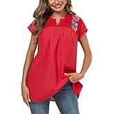 Mexican Shirts for Women Embroidered Tops Peasant Blouse Lace Tops White Short Sleeve Summer Floral V Neck T Shirt