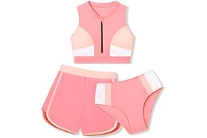 AGAPENG Girls Swimsuit 3 Piece Color Block Zipper Front Bathing Suit Bikini Set with Shorts Sporty Girls' Swimwear 7-16 Years