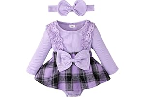 KAFIREN Baby Girl Clothes Fall Winter Outfit Plaid Romper Long Sleeve Dress Lace Ruffles Bodysuit with Bow Headband