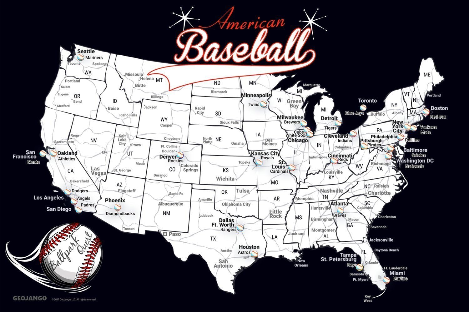 GEOJANGO Baseball Stadium Map - Sports Gift for Baseball Fans