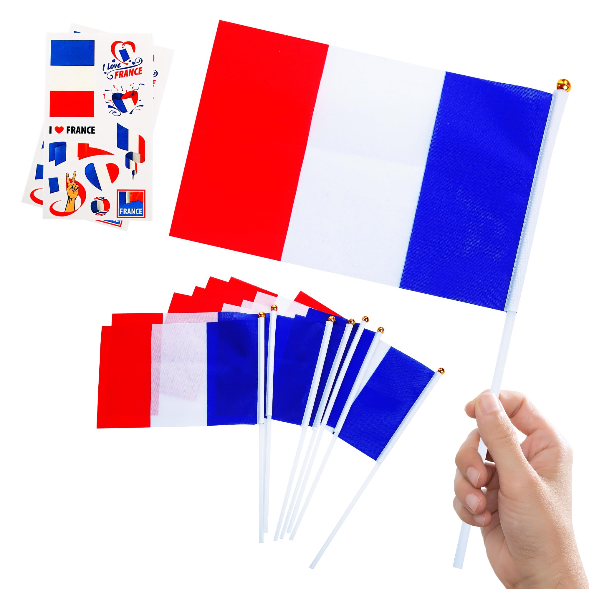 10pcs Mini France Flags on Sticks & 2pcs Tattoos, Small French Flag French Decorations Hand Held Flags for World Cup 2026 Football Sports Events Party Decoration, Double-Sided France Flag