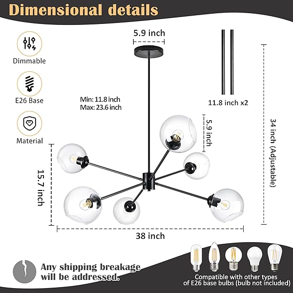 KOKO&YUKINA 6-LIGHT GLOBE SPUTNIK CHANDELIER MODERN BLACK SPUTNIK CHANDELIER MID CENTURY PENDANT LIGHT MATTE BLACK FINISHED WITH CLEAR GLOBE GLASS LAMPSHADE CHANDELIERS FOR DINING ROOM KITCHEN BEDROOM