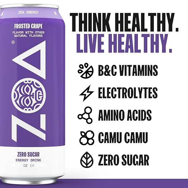 ZOA ZERO SUGAR ENERGY DRINKS, FROSTED GRAPE – SUGAR FREE WITH ELECTROLYTES, HEALTHY VITAMIN C, AMINO ACIDS, ESSENTIAL B-VITAMINS, AND CAFFEINE FROM GREEN TEA – 16 FL OZ (12-PACK)