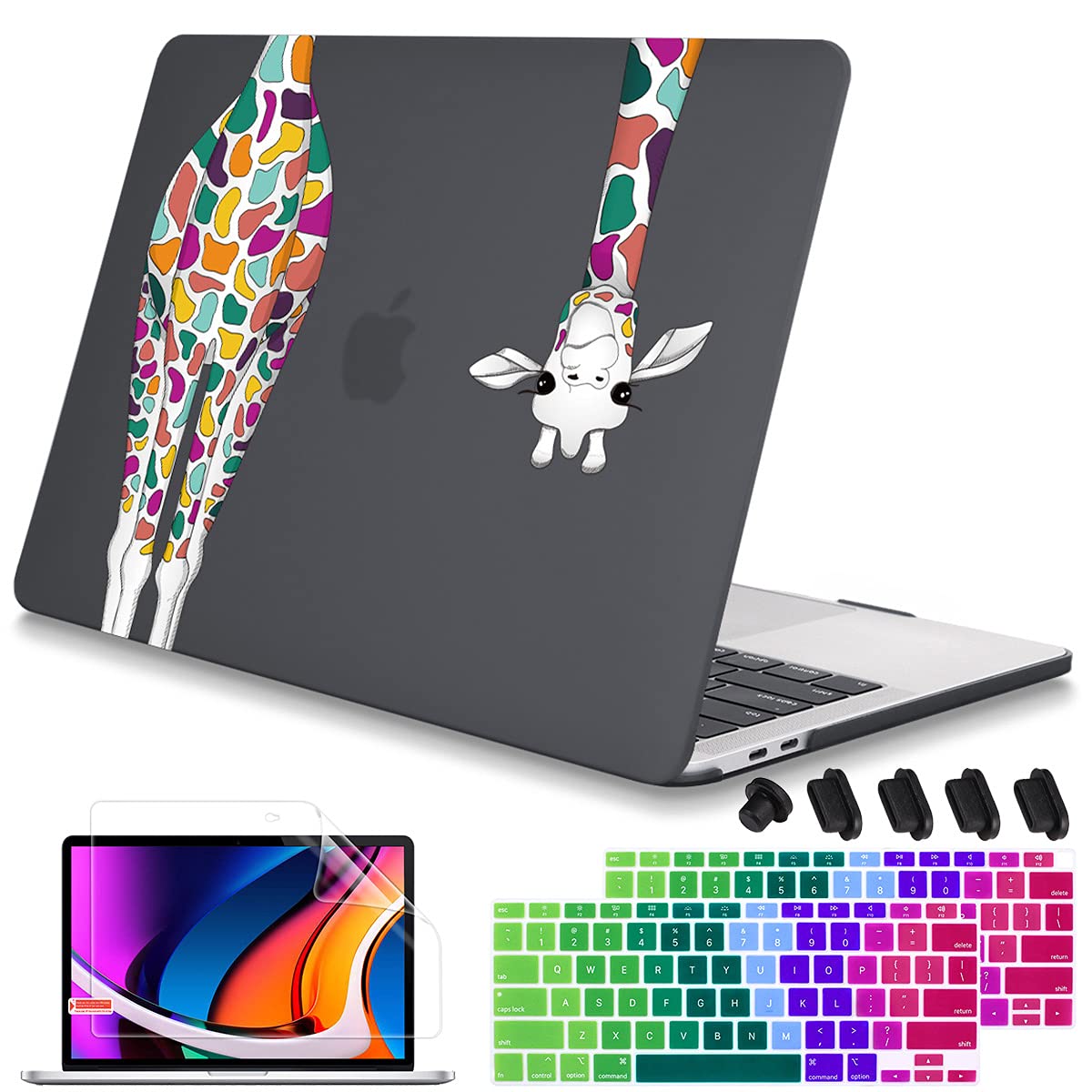 Photo 1 of Mektron 2020 2019 2018 for MacBook Air 13 inch Case M1 A2337 A2179 A1932 w/Retina Display & Touch ID, Matte Black Colorful Giraffe Soft Touch Plastic Laptop Cover Keyboard Skin Screen Protector