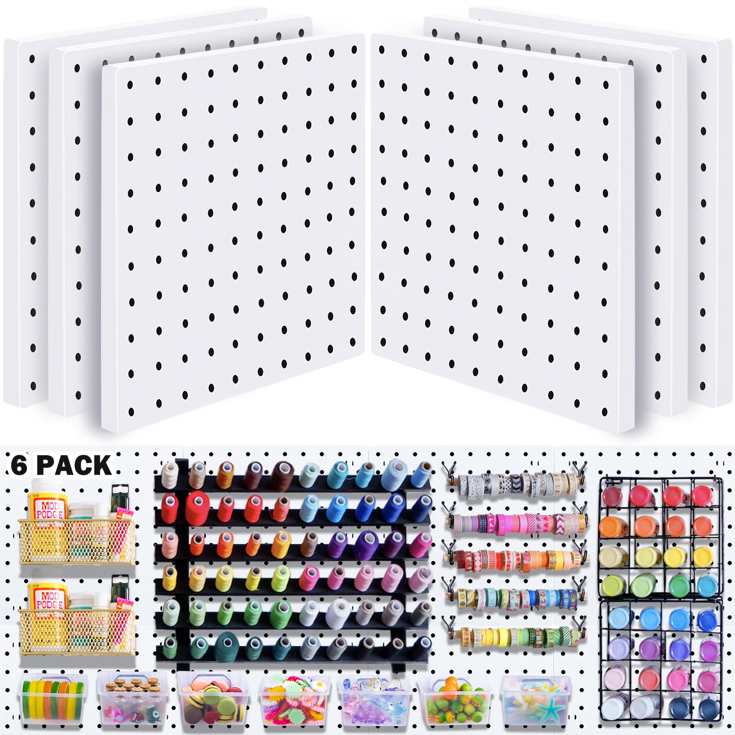6pcs Pegboard Panels, Mount Display Kits Fit Organizer and Storage, for Craft Room Garage Kitchen, Peg Boards for Walls, Easy Installation - White Pegboard