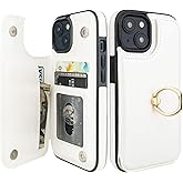 ONETOP for iPhone 15 Wallet Case with Card Holder, 360° Rotation Ring Kickstand RFID Blocking PU Leather Double Magnetic Clasp Shockproof Cover for Women and Girls 6.1 Inch (White)