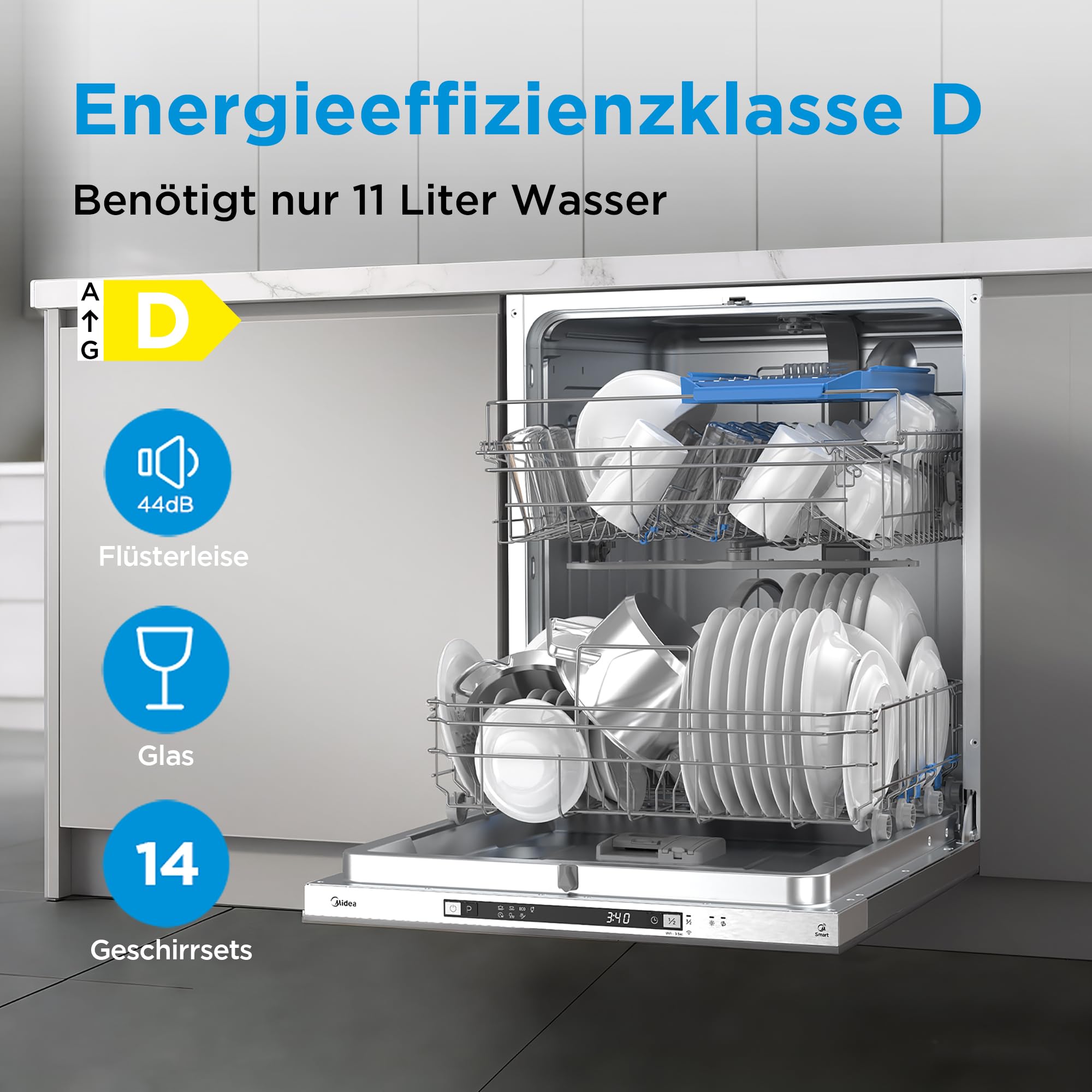 Midea SV 4.60 wi Geschirrspüler Vollintegriert 60cm, 14 Maßgedecke, 8 Programme, Automatische Türöffnung, LED Display, Leise, Vollwasserschutz, Spülmaschine Unterbaufähig 7
