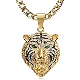 NEGS 18K Gold Plated Roaring Tiger Head with Green Red Eyes Pendant Punk Rock Stainless Steel Necklace for Men Women, 24 Inch 7mm Chain Hip Hop Animal Jewelry