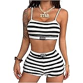 SweatyRocks Women's 2 Piece Striped Outfits Crop Cami Tops and Shorts Sets Summer Lounge Sets Y2K Going Out Outfits