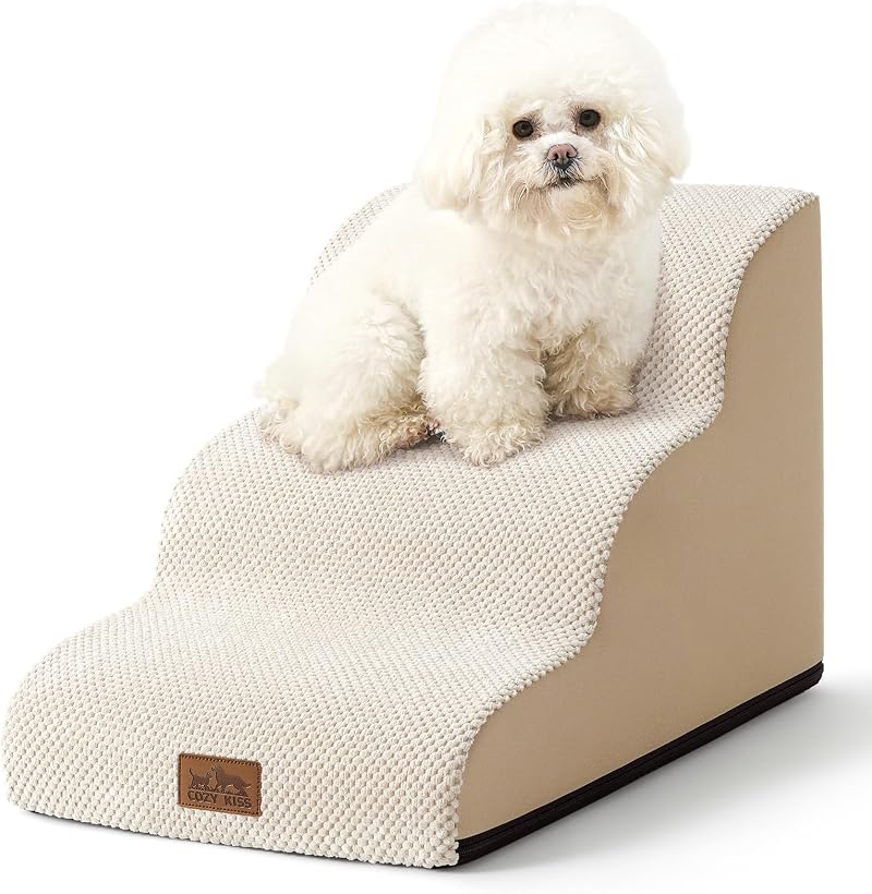 COZY KISS Dog Stairs 3-Tier Curved Ramp for Small Dogs Beige 15.7x22.4x15.7