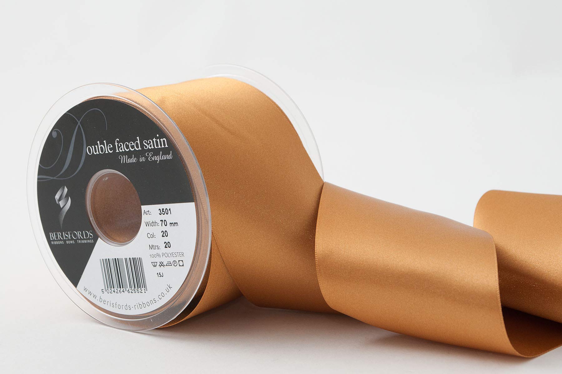 Berisfords Double Faced Satin Ribbon, Old Gold, 70 mm Width, 20 metre Length — image 1
