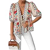 GORGLITTER Women's Tie Front Floral Peplum Tops Bow Puff Short Sleeve Babydoll Shirt