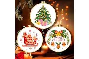 Zhenqing 11 Count Stamped Cross Stitch Kits for Adults Beginners, Hand Embroidery Christmas Ornaments kit with Instructions Embroidery Hoops-Christmas Three-Piece Set(68660)