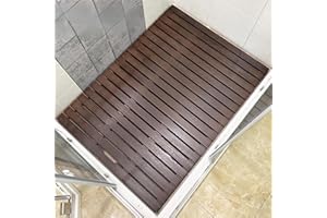 Teak Shower Mat, Non-Slip Square Bath Mat with Drain Hole, Wooden Shower Floor Mat for Spa, Sauna, Pool, Comfort Design, 90x9