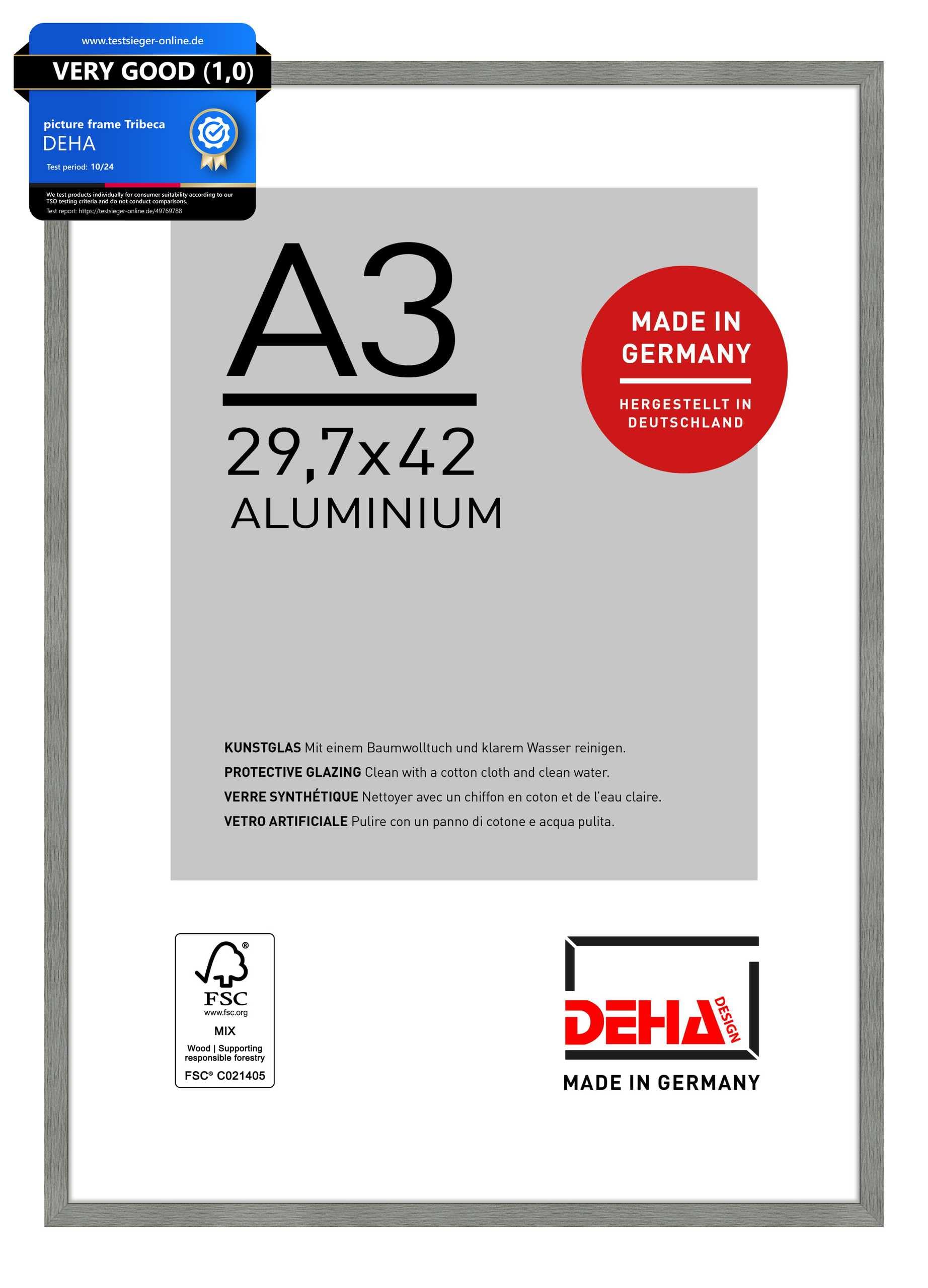 DEHA Design Tribeca Aluminium Picture Frame - A3 (29.7x42 cm) – Brushed Grey - with Synthetic Glass and Push/Turn Clips