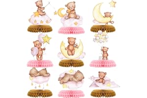 TARKLANDA 9 Pcs Bear Baby Shower Honeycomb Centerpieces Party Decorate Pink Little Bear Balloons Paper Topper Honeycomb 3D Table Decoration for Kids Party Baby Shower Party Supplies
