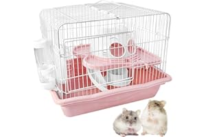PINVNBY Dwarf Hamster Cage, Small Animal Cages, 2-Tier Travel Portable Mouse Cage Hamster Carrier with Castle House Running Exercise Wheels, Water Bottle and Food Dish（Pink）