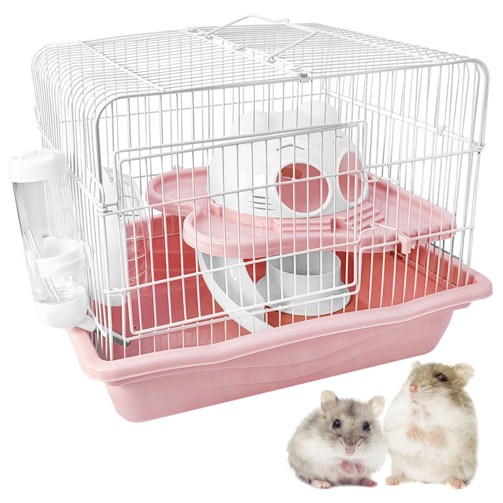 Photo 1 of PINVNBY Dwarf Hamster Cage, Small Animal Cages, 2-Tier Travel Portable Mouse Cage Hamster Carrier with Castle House Running Exercise Wheels, Water Bottle and Food Dis?Pink?