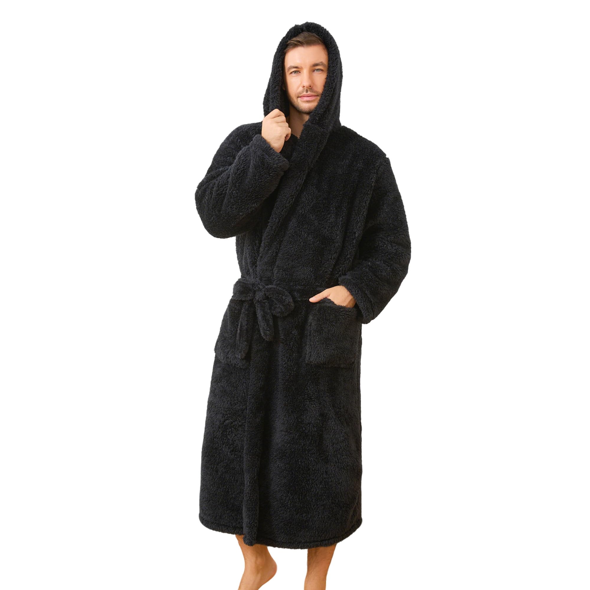 Photo 1 of U2SKIIN Men Plush Fleece Hooded Robe, Soft Warm Long Bathrobe with Pockets, Cozy Shower Robe for Men Loungewear(BLACK,S/M)