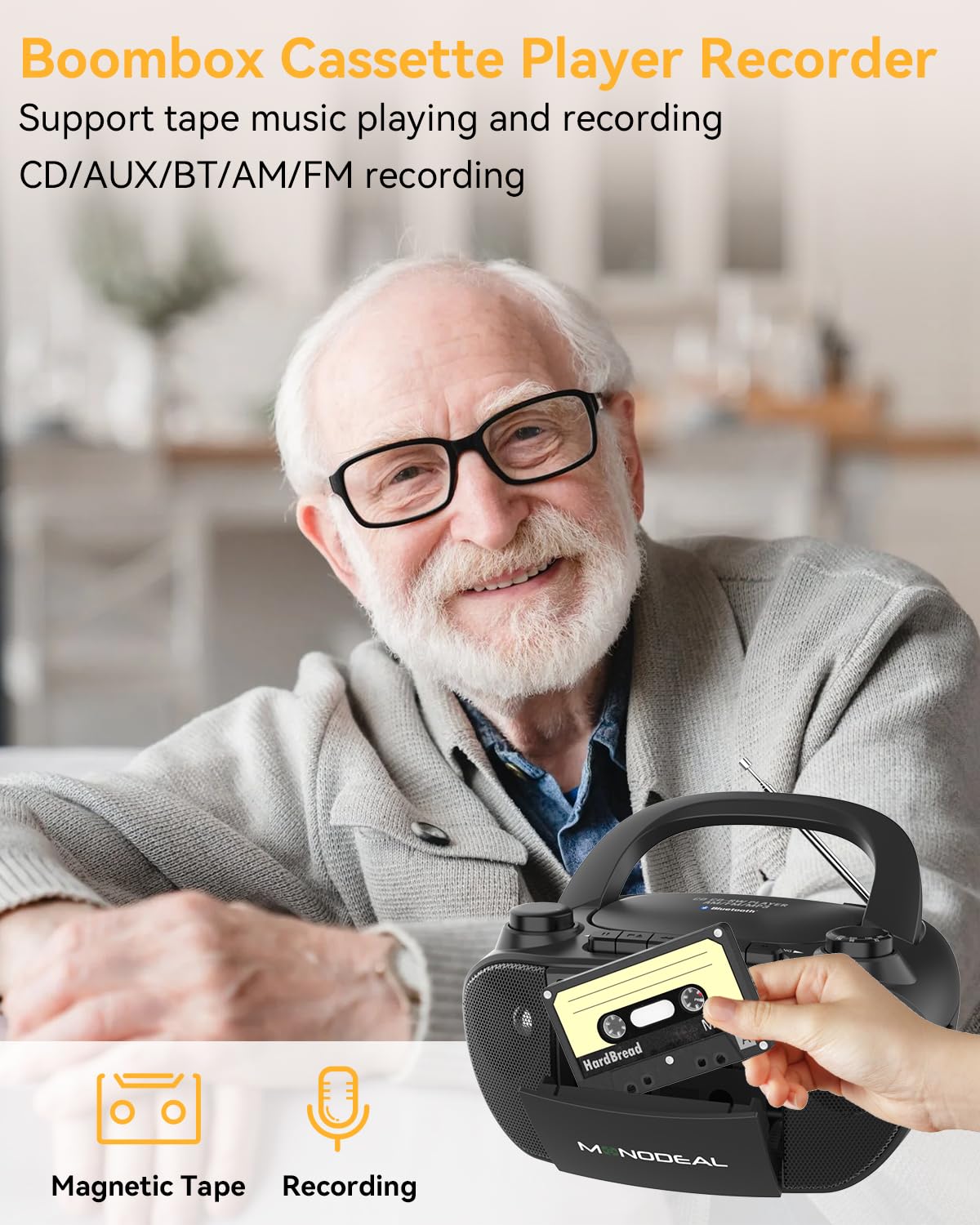 MONODEAL Cassette Tape Player with Bluetooth, Boom Box CD Player AM FM Radio, Multi-Functional CD and Cassette Player Combo,Tape Recording,USB/AUX,AC/DC Power,Headphone Jack for Gift