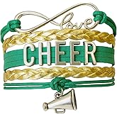 Sportybella - Cheer Bracelet - Green and Gold - Cheerleading Infinity Charm Jewelry Gift for Cheerleaders, Teams, or Squads