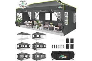 COBIZI 10x20 Pop Up Canopy Tent with 6 Removable Sidewalls, One Push Party Tent Outdoor Waterproof Event Canopy with Air Vent for Parties Commercial Wedding, 3 Height, Carry Bag, Sandbag, Gray