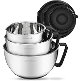 Rorence Stainless Steel Non-Slip Mixing Bowls With Pour Spout, Handle and Lid, Set of 3, Black