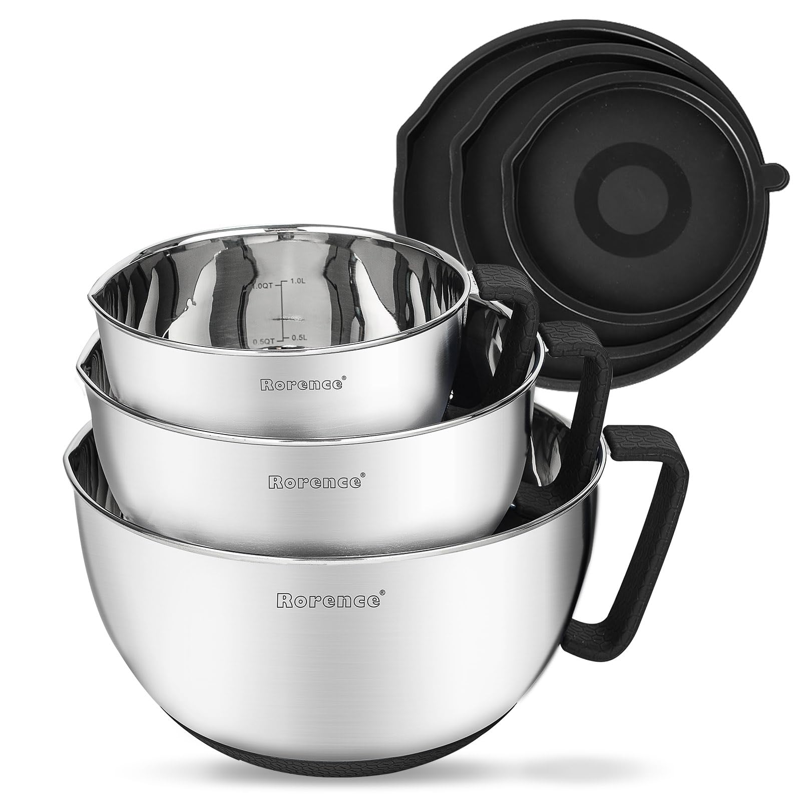 Rorence Stainless Steel Non-Slip Mixing Bowls with Pour Spout, Handle and Lid, Set of 3, Black