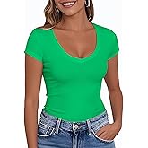 PALINDA Women's V Neck Fitted Shirts Basic Casual Stretchy T Shirt Short Sleeve Summer Tops