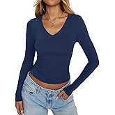 EasyGala Womens Double Lined V Neck Long Sleeve Shirts Slim Fit Layering Tee Going Out Tops Trendy Fall Clothes 2025