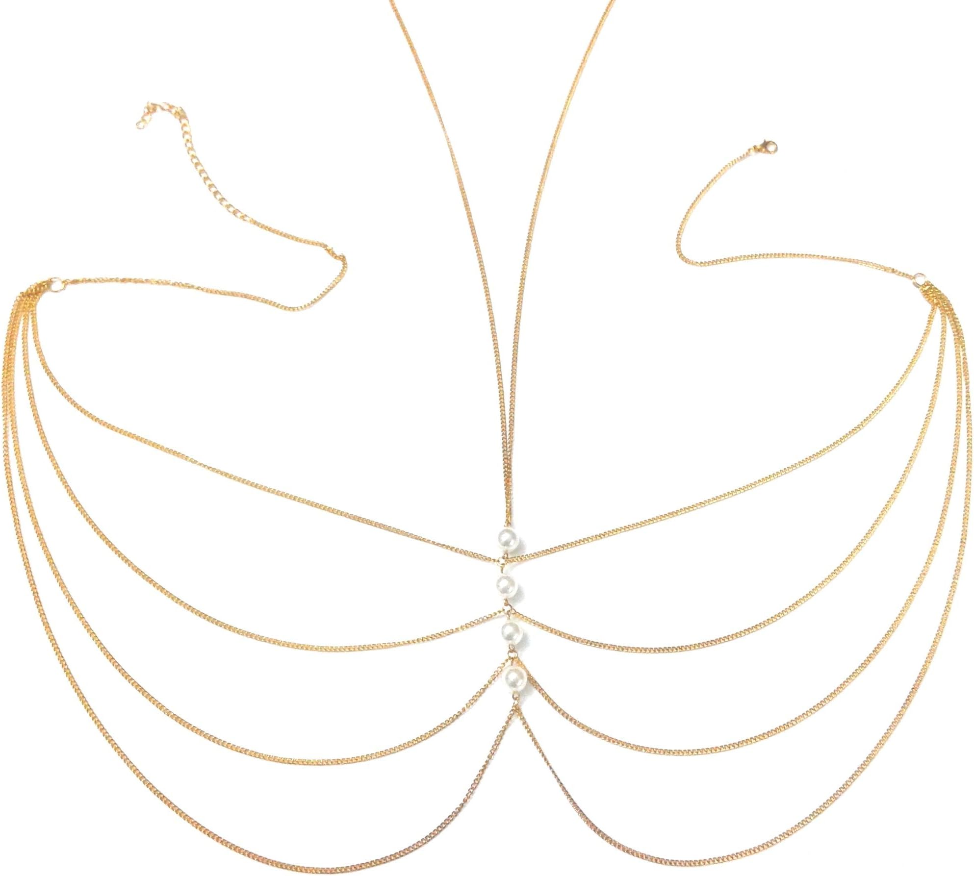 TOWN OF TRINKETSSimulted Pearls Cross-over Waist Link Chain for Women (Gold, 10mm)